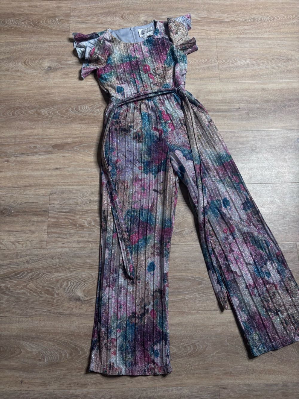 Rare Editions Metallic Floral Pleated Jumpsuit